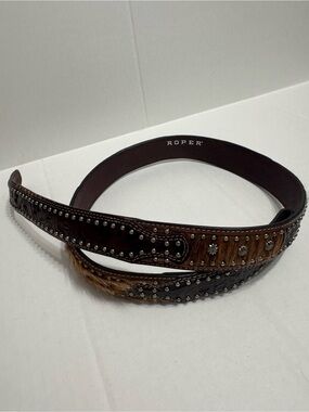 Roper Western Belt Hair-On Hide Studded Brown Leather Size 40